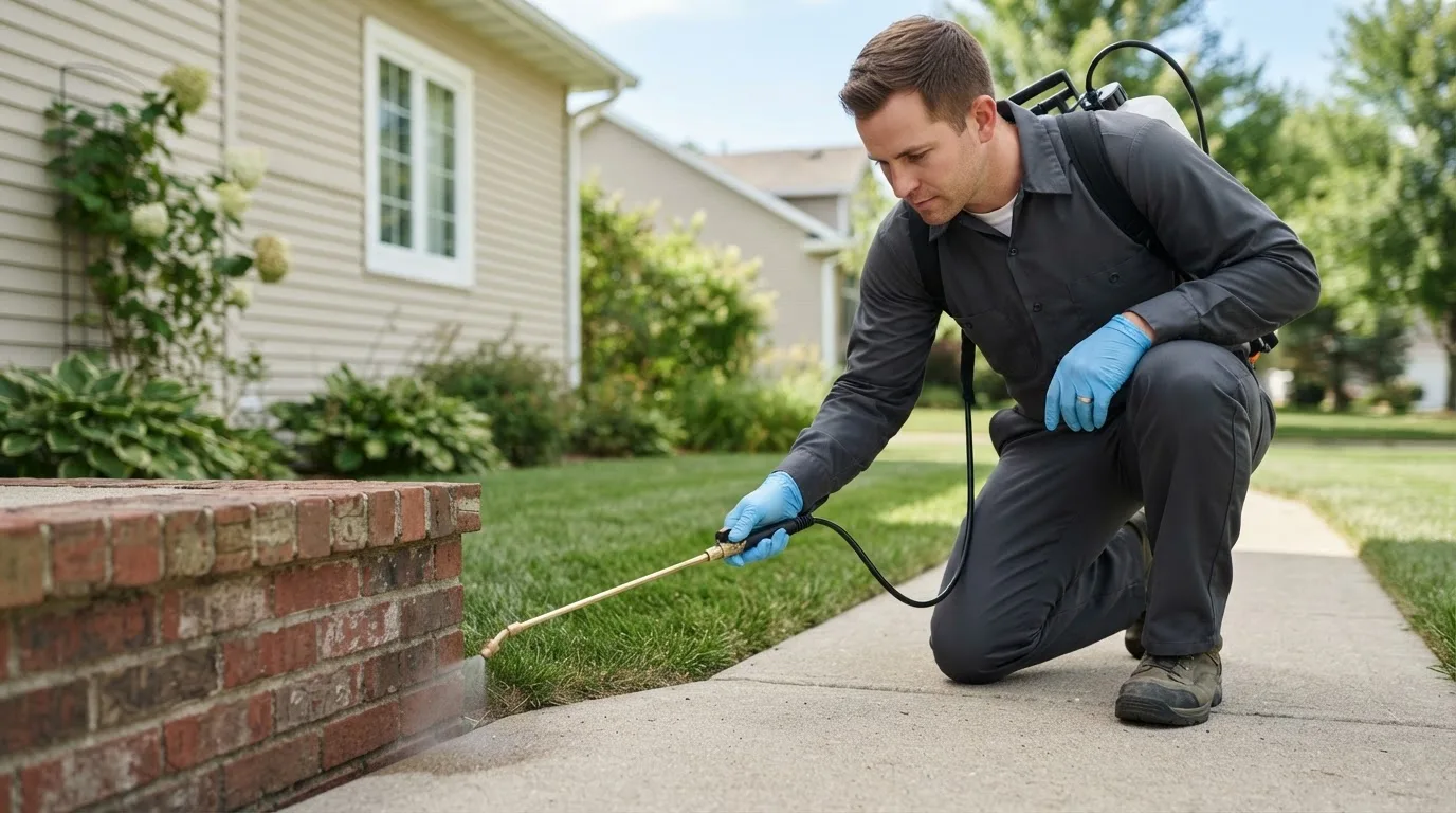 Pest control technician treating a home near Dallas Center, IA