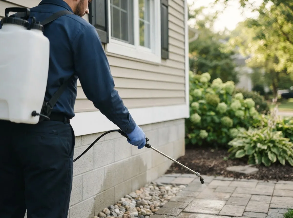 Pest control technician inspecting a home in Dallas Center, IA